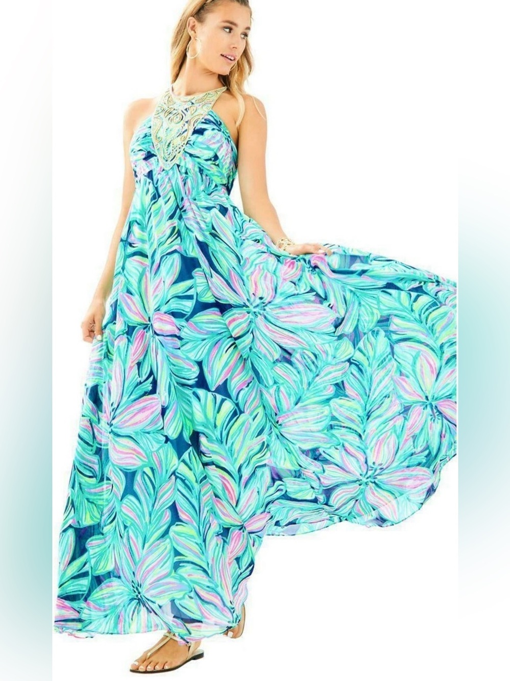 Lilly Pulitzer Lannette Maxi Dress 0 High Tide Navy Dancing Lady Beaded Palm